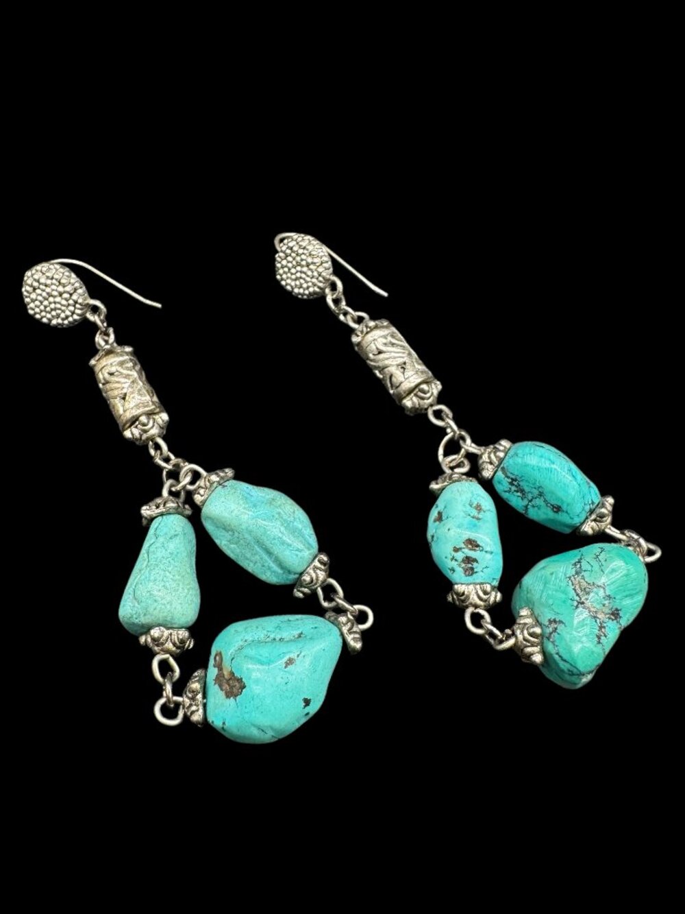 Pierced Earrings Dangling Genuine Turquoise Blue Silver Tone over Copper